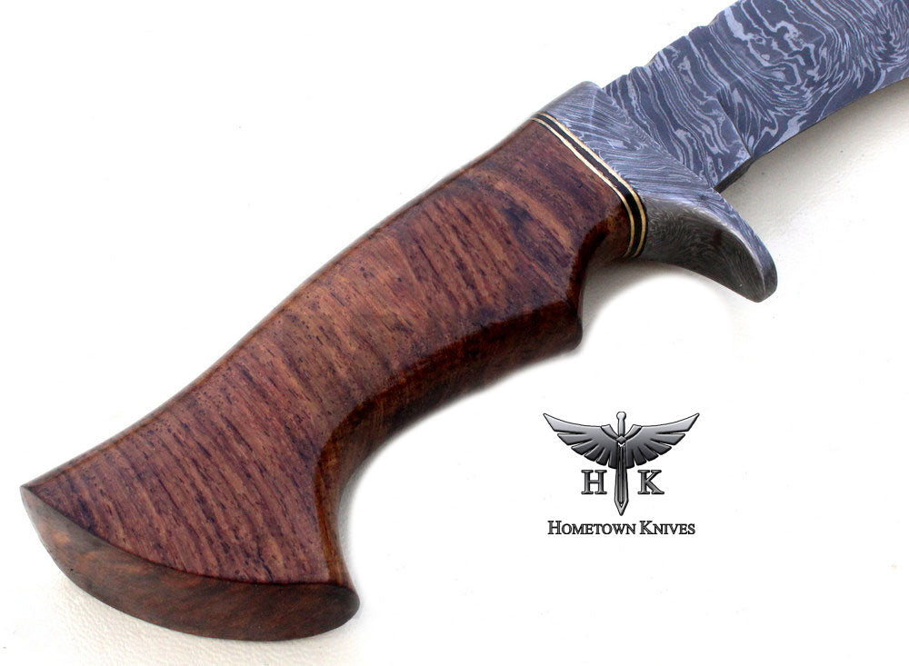 HTK-1021 Handmade Damascus Steel Hunting Bowie Knife Fire Storm Pattern Blade Oilve Wood Handle