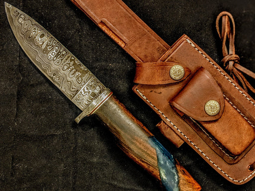 HT-21B  Damascus Knife custom handmade  Skinner / Sanmai / Rose Wood w/ Blue Resin Handle / Camping / Hunting - HomeTown Knives