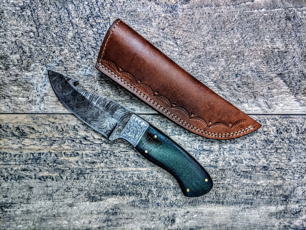 HTSE-6 / Damascus Skinner / HAND METAL Engraved Bolster / Exceptional Art / Hometown Knives / Metal Engraving