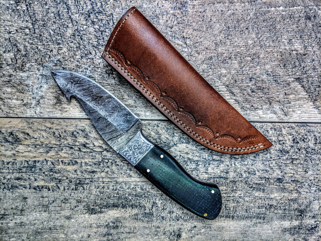HTSE-6 / Damascus Skinner / HAND METAL Engraved Bolster / Exceptional Art / Hometown Knives / Metal Engraving