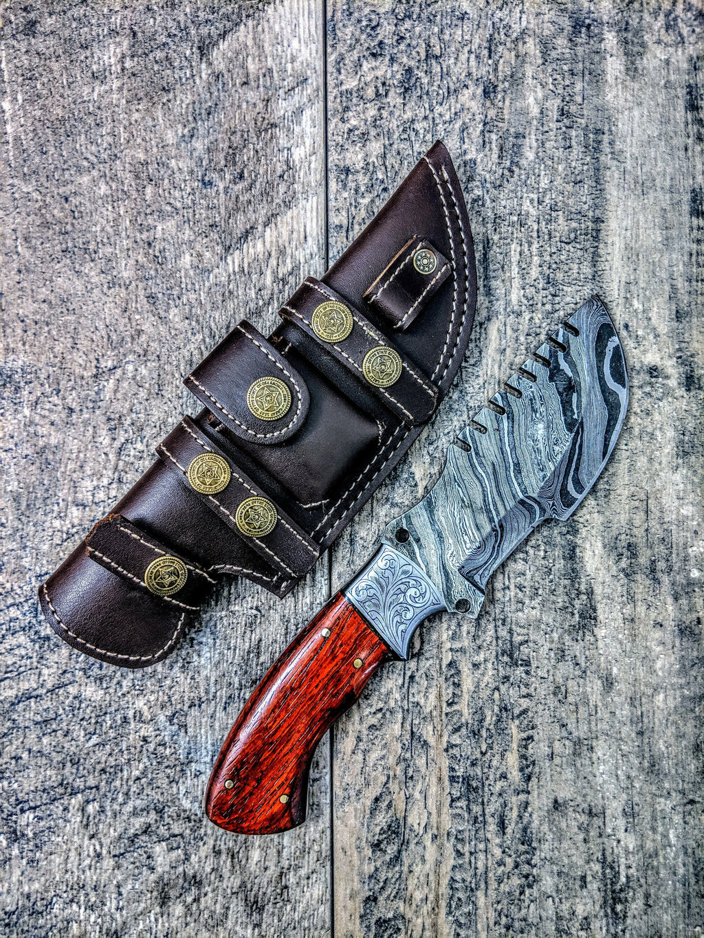 HTSE-12 / Damascus Tracker / HAND ENGRAVED Bolster / Exceptional Art / Hometown Knives / Metal Engraving