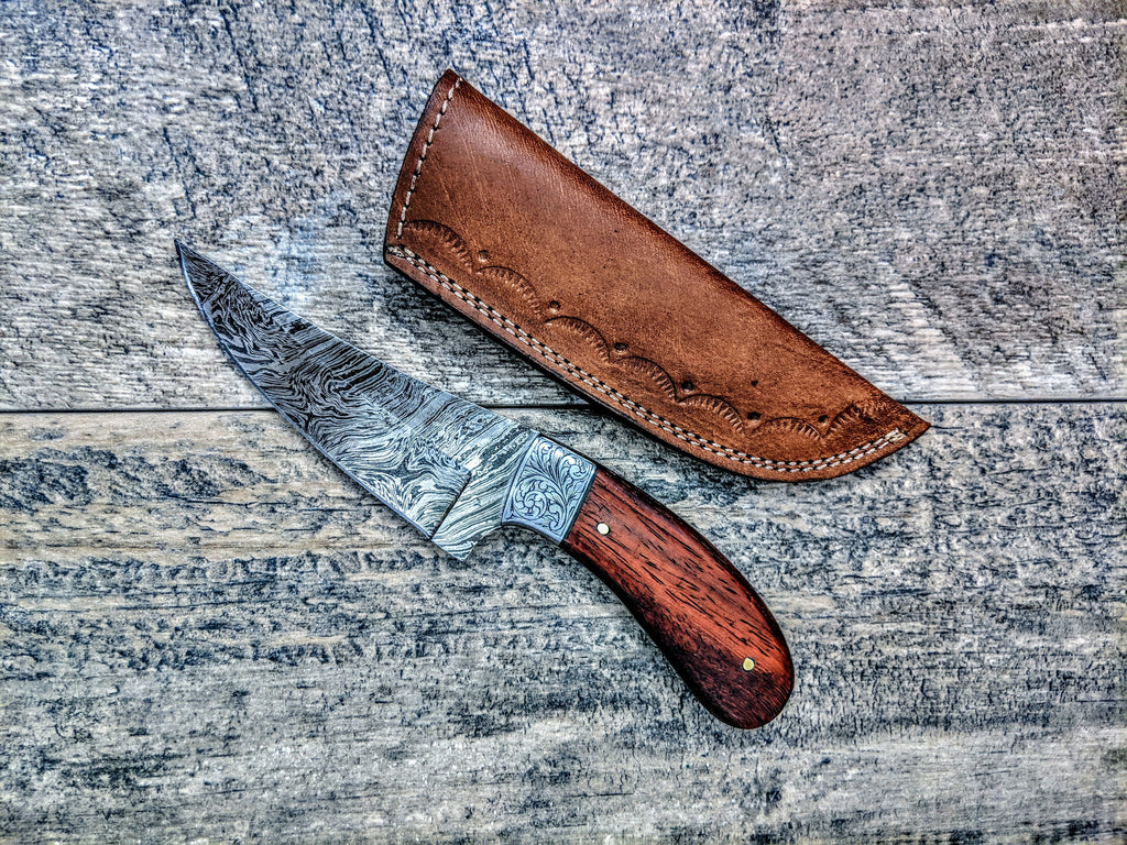 HTSE-13 / Damascus Skinner / HAND ENGRAVED Bolster / Exceptional Art / Hometown Knives / Metal Engraving
