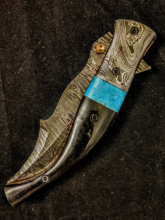 HTS-207black Damascus knife  Custom Hand Made / Horn with Turquoise handle / Damascus steel bolster / Liner Lock