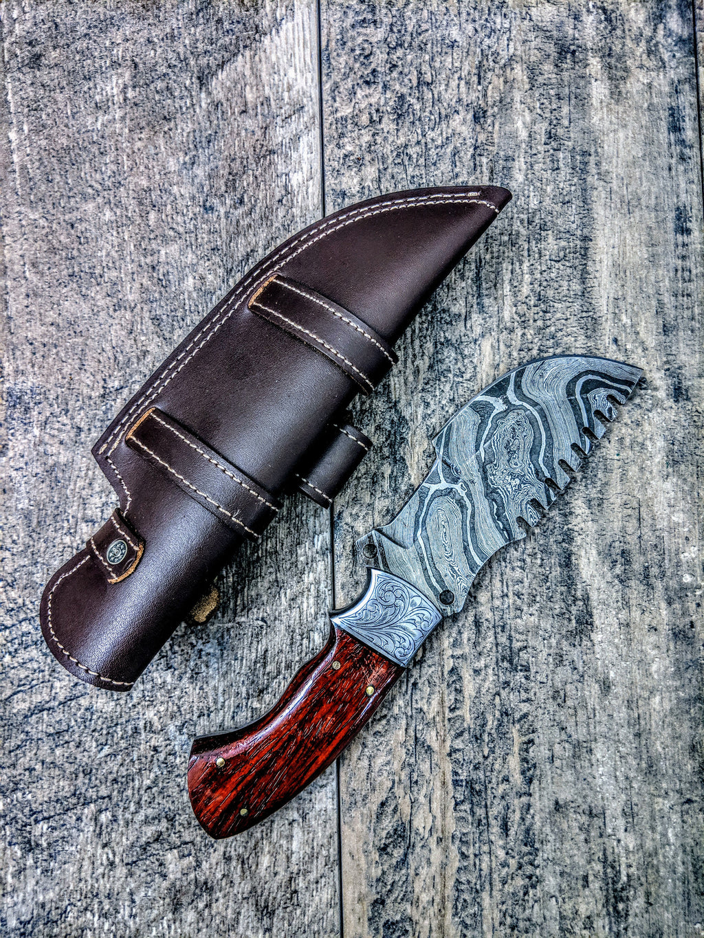 HTSE-12 / Damascus Tracker / HAND ENGRAVED Bolster / Exceptional Art / Hometown Knives / Metal Engraving