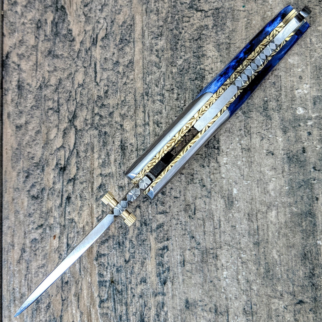 HTM-6 D2 Tool Steel Pocket Knife / Folder / Blue Bone / Handcrafted / Hometown Knives / Hole Pivot Opening /