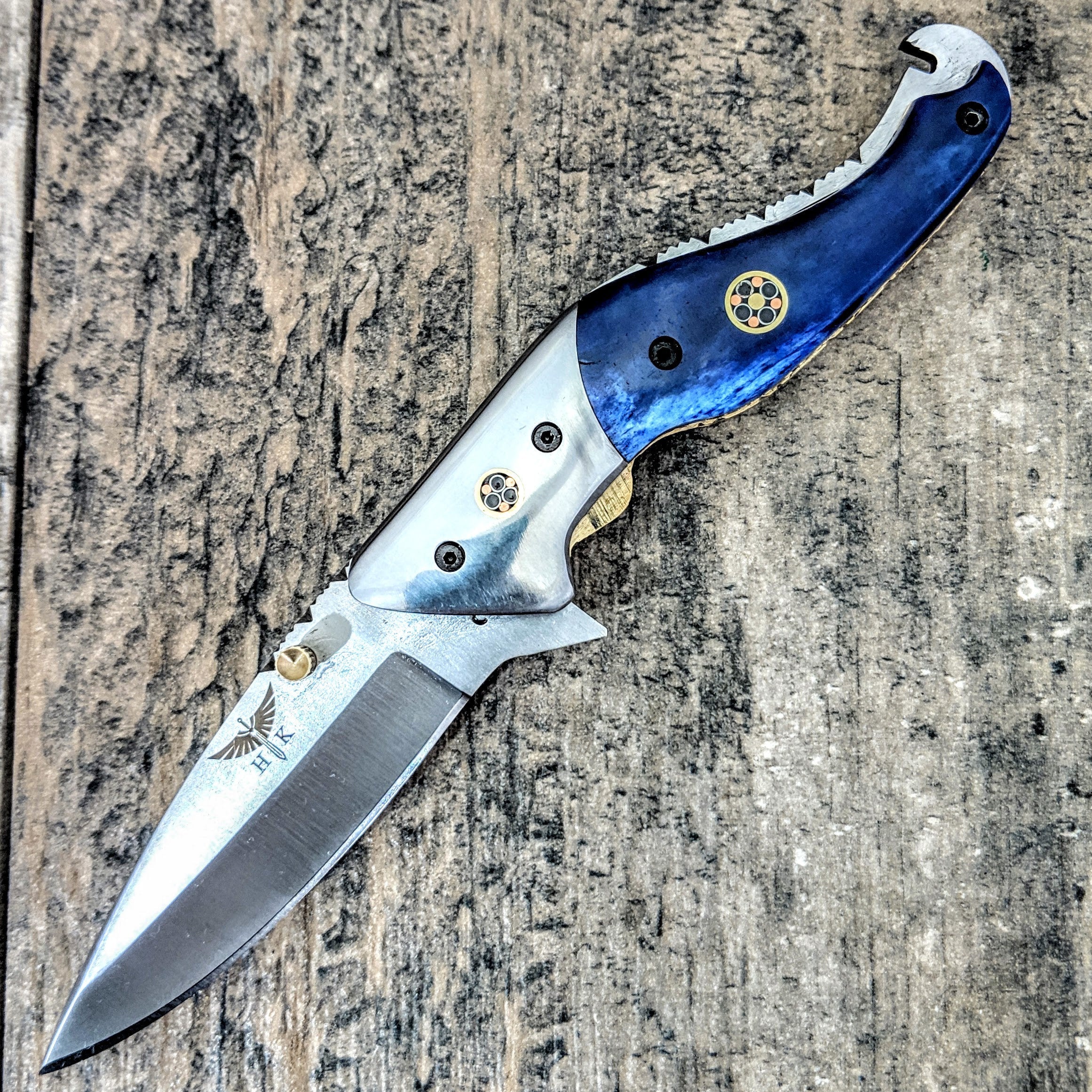HTM-6 D2 Tool Steel Pocket Knife / Folder / Blue Bone / Handcrafted / Hometown Knives / Hole Pivot Opening /