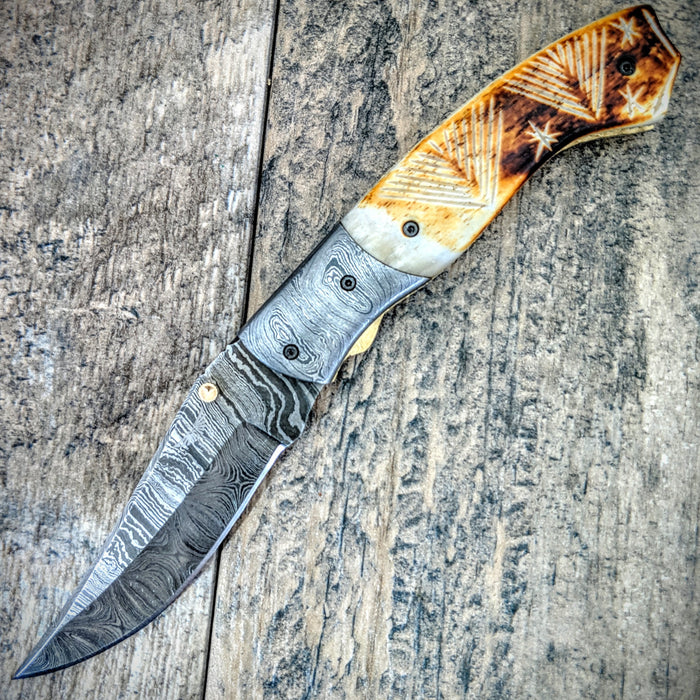 HTM-8 Damascus Pocket Knife / Folder / Flame Worked Bone / Burn Artwork / Handcrafted / Hometown Knives / Hole Pivot Opening /