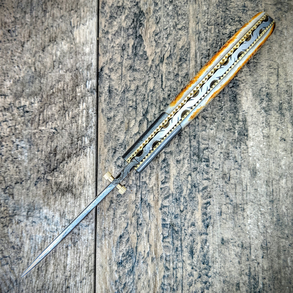 HTM-8 Damascus Pocket Knife / Folder / Flame Worked Bone / Burn Artwork / Handcrafted / Hometown Knives / Hole Pivot Opening /