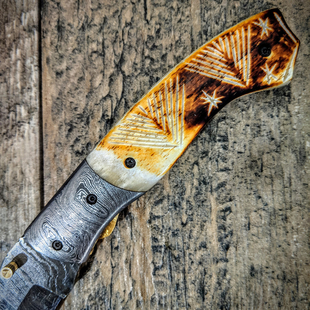 HTM-8 Damascus Pocket Knife / Folder / Flame Worked Bone / Burn Artwork / Handcrafted / Hometown Knives / Hole Pivot Opening /
