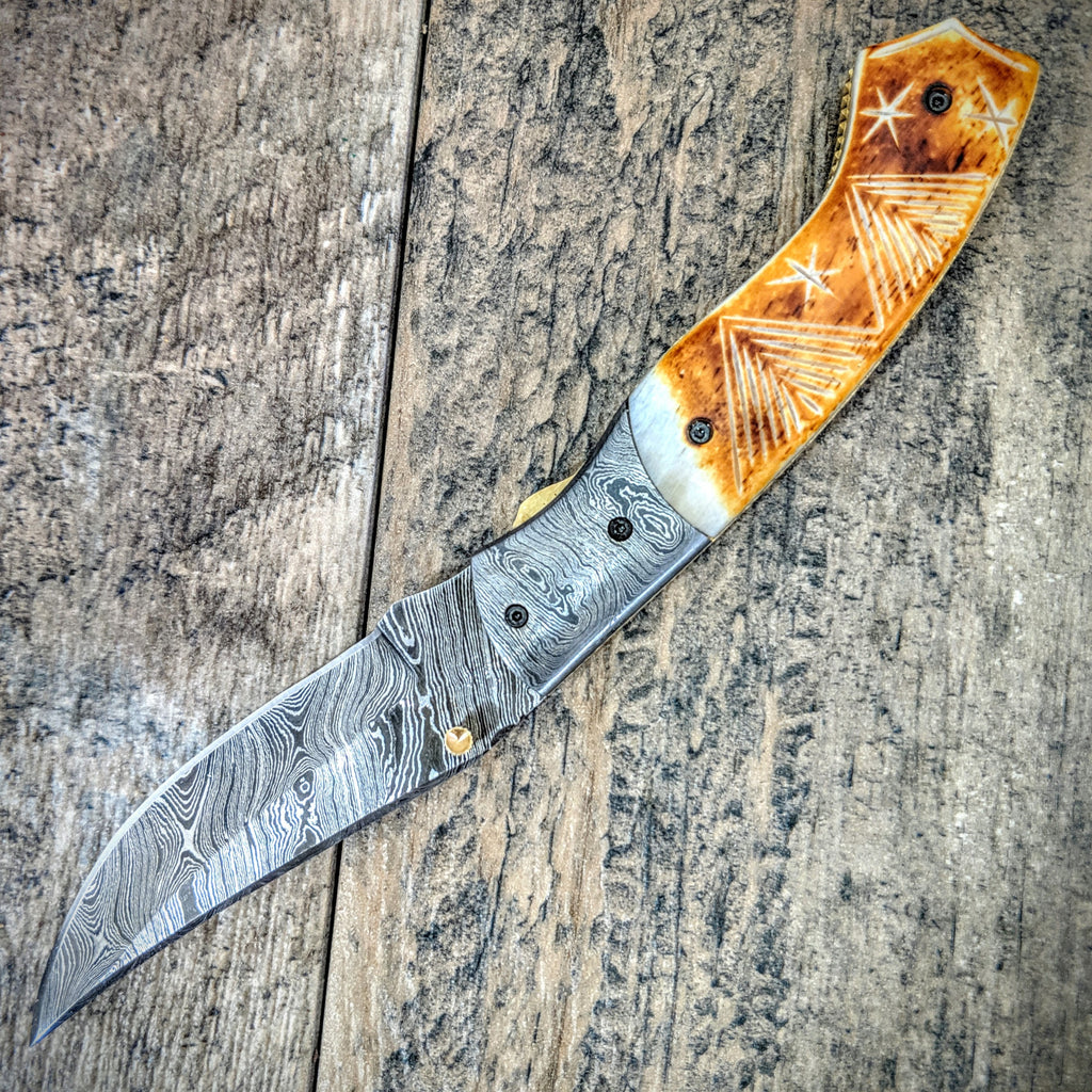 HTM-8 Damascus Pocket Knife / Folder / Flame Worked Bone / Burn Artwork / Handcrafted / Hometown Knives / Hole Pivot Opening /