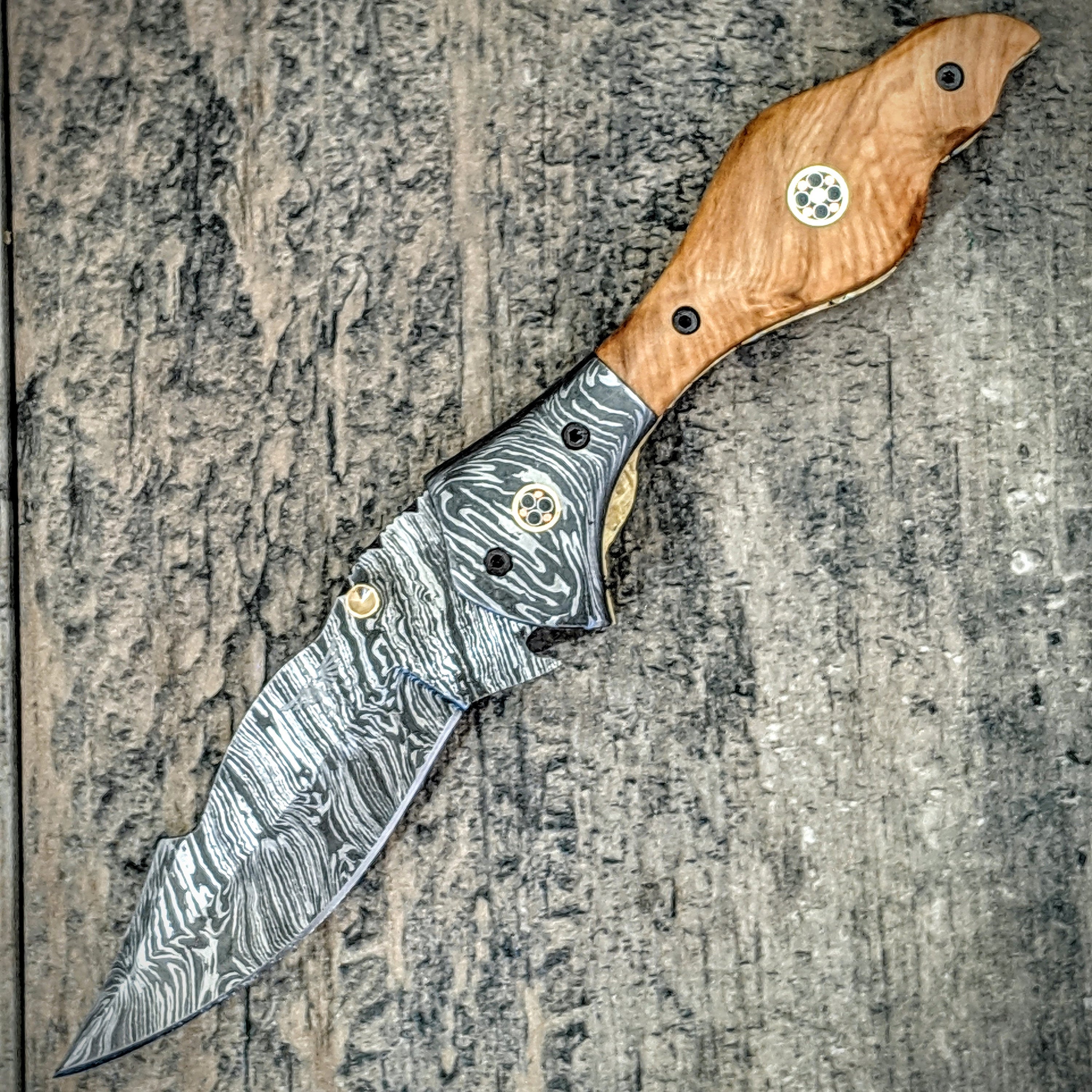HTM-10 Damascus Pocket Knife / Tanto Folder / Olive Wood /  File Artwork / Handcrafted / Hometown Knives