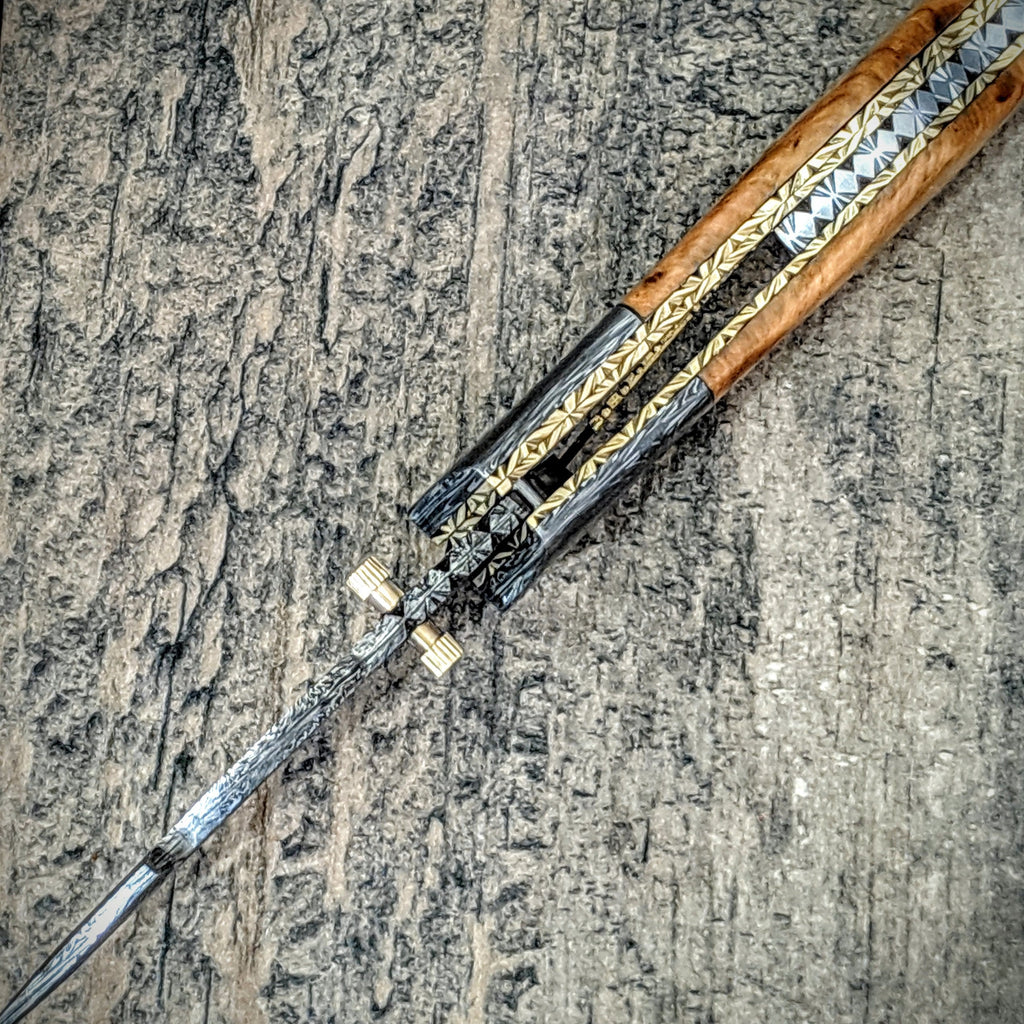 HTM-10 Damascus Pocket Knife / Tanto Folder / Olive Wood /  File Artwork / Handcrafted / Hometown Knives