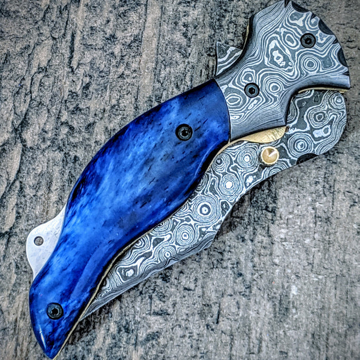 HTM-11 Damascus Pocket Knife / Folder / Blue Bone Wood /  File Artwork / Handcrafted / Hometown Knives