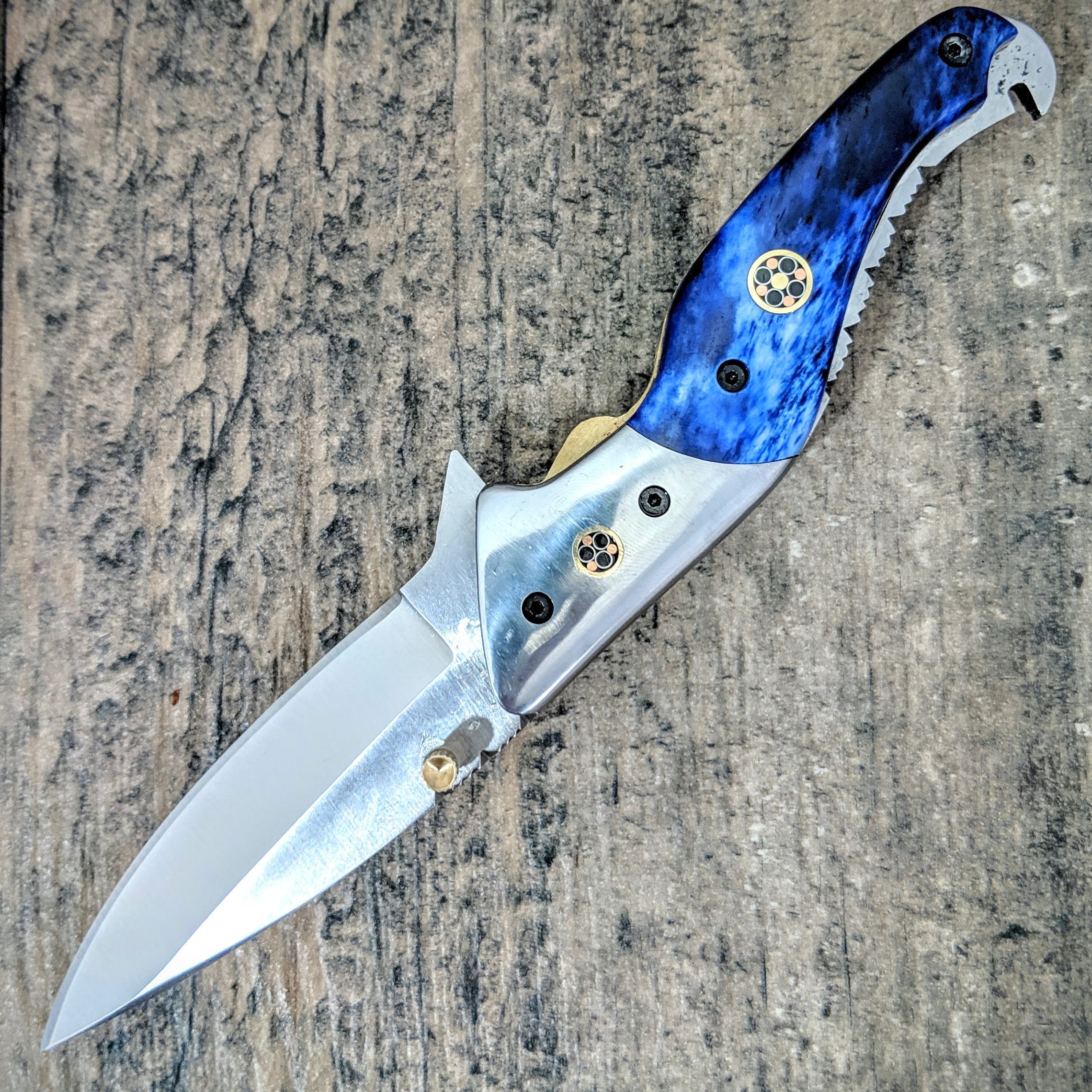 HTM-6 D2 Tool Steel Pocket Knife / Folder / Blue Bone / Handcrafted / Hometown Knives / Hole Pivot Opening /