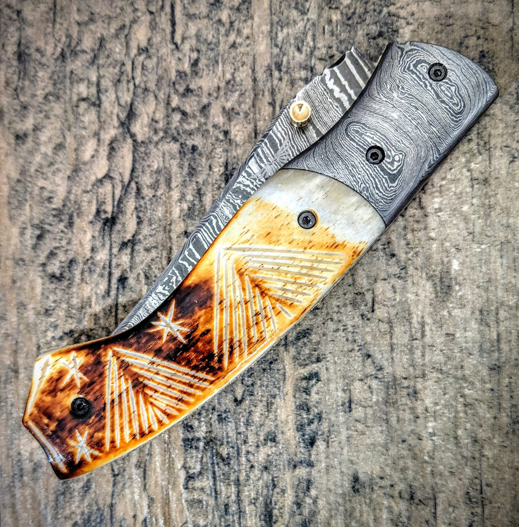 HTM-8 Damascus Pocket Knife / Folder / Flame Worked Bone / Burn Artwork / Handcrafted / Hometown Knives / Hole Pivot Opening /