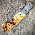 HTM-8 Damascus Pocket Knife / Folder / Flame Worked Bone / Burn Artwork / Handcrafted / Hometown Knives / Hole Pivot Opening /