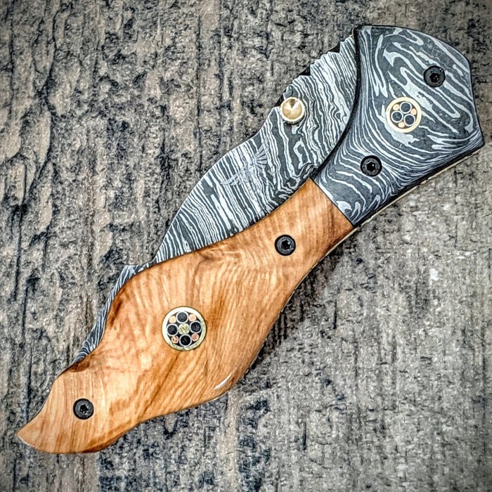HTM-10 Damascus Pocket Knife / Tanto Folder / Olive Wood /  File Artwork / Handcrafted / Hometown Knives