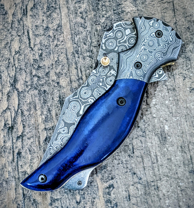 HTM-11 Damascus Pocket Knife / Folder / Blue Bone Wood /  File Artwork / Handcrafted / Hometown Knives