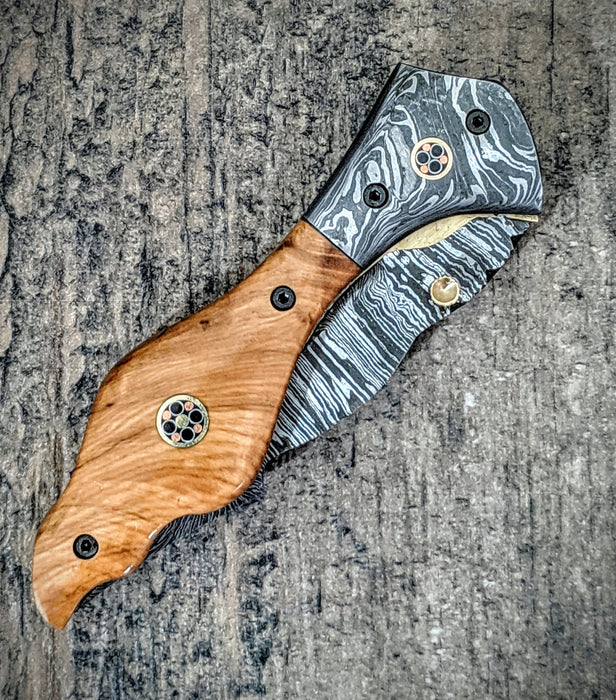 HTM-10 Damascus Pocket Knife / Tanto Folder / Olive Wood /  File Artwork / Handcrafted / Hometown Knives