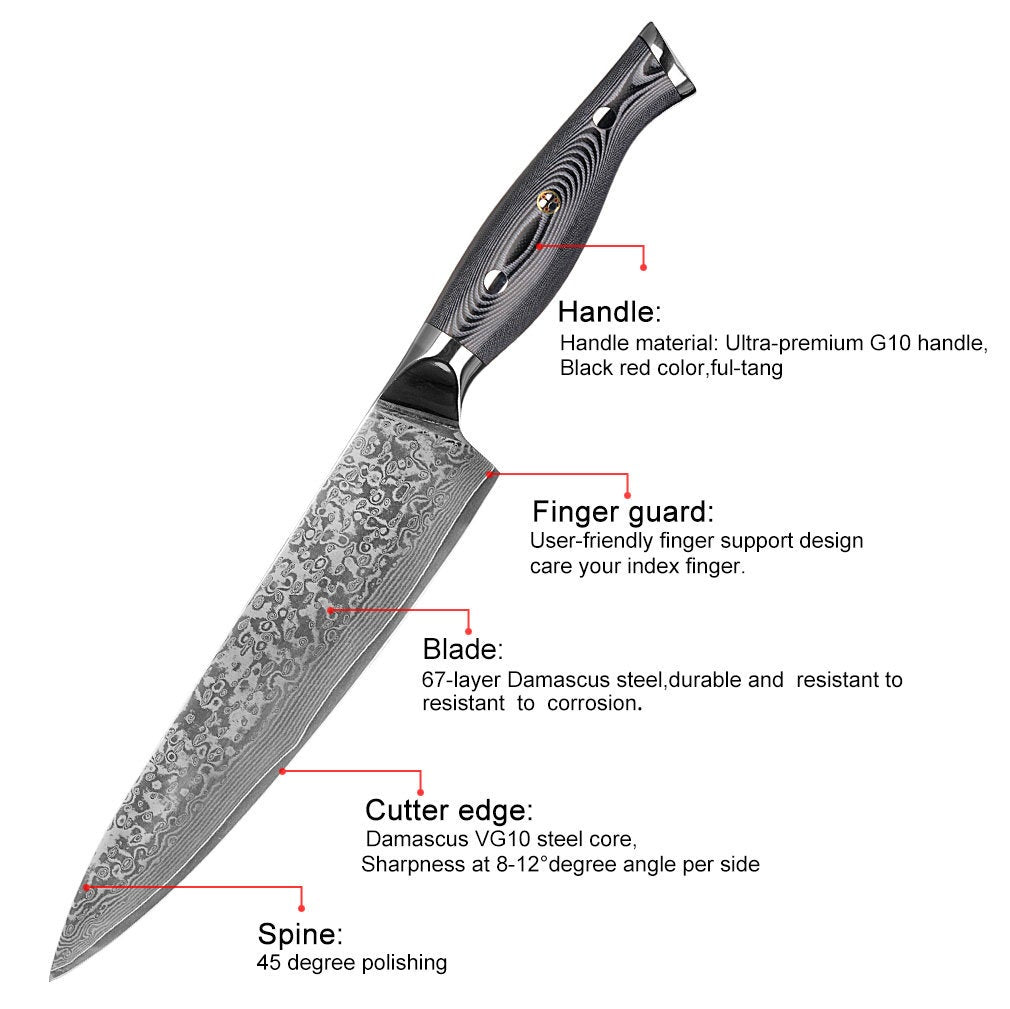 HTC-12 - VG10 Sanmai Stainless Damascus ǁ  8" Chef Knive ǁ Ergonomic ǁ Professional Chef ǁ Sharp & Holes Edge PVC