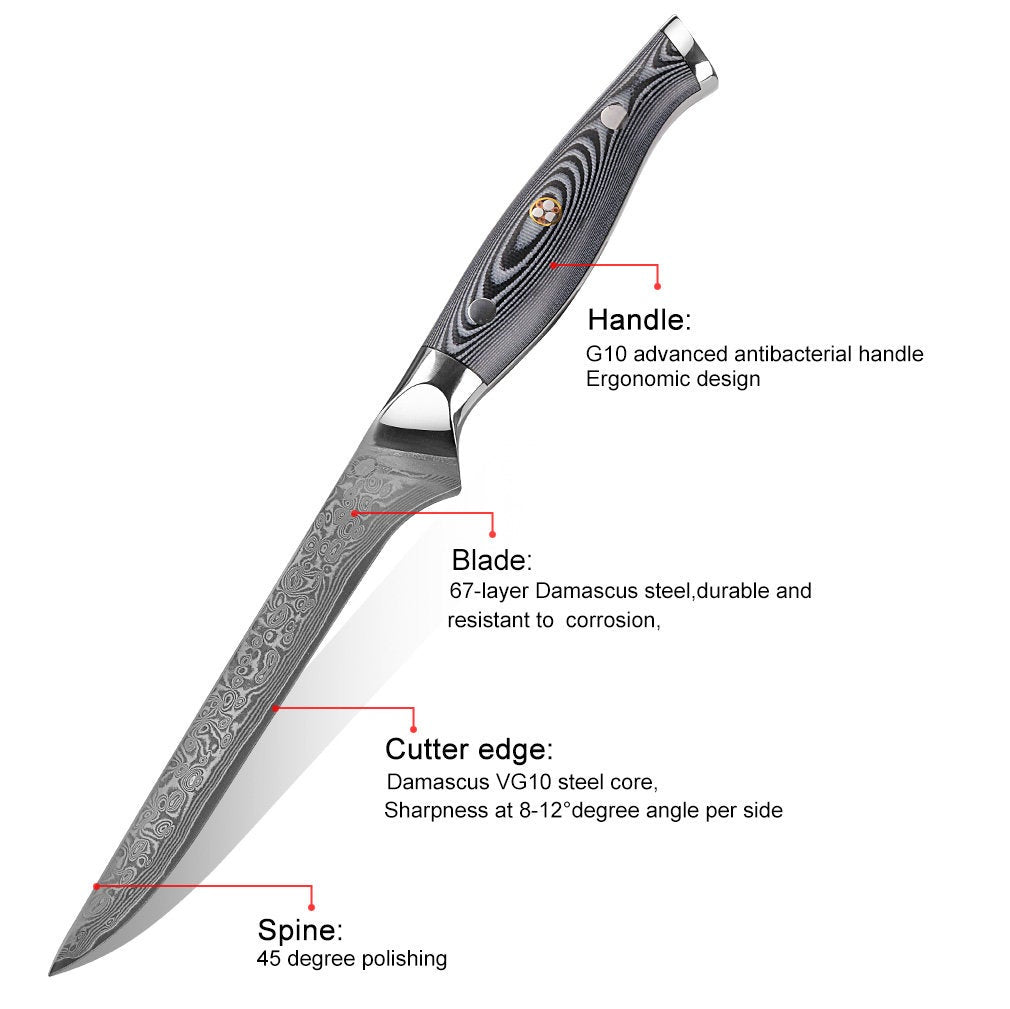 HTC-13 - Fillet Knife ǁ Black VG10 Sanmai Stainless Damascus ǁ Flexible ǁ Ergonomic ǁ Professional Chef ǁ Sharp & Holes Edge