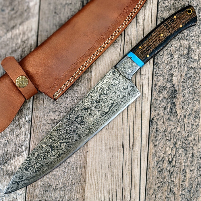 HTS475 Damascus 13" CHEF Knife // Turquoise Stone with Black Micarta Handle // Professional Grade // Sharp and Functional