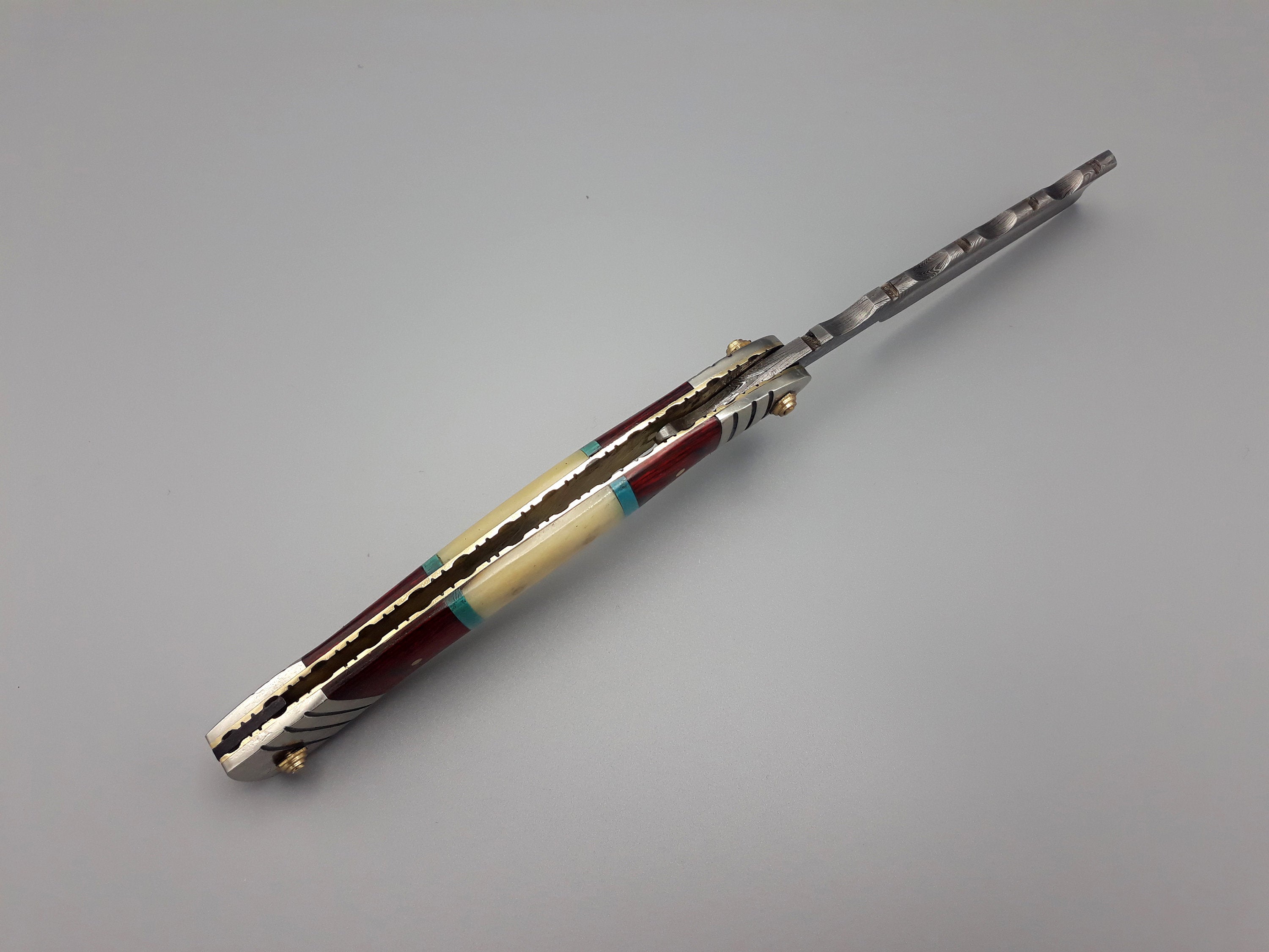 HTRN-13 Damascus Straight Razor  // Authentic Shave Experience / Handmade / Copper + Paduk + Turquoise Stone + Bone Handle // Hollow Ground