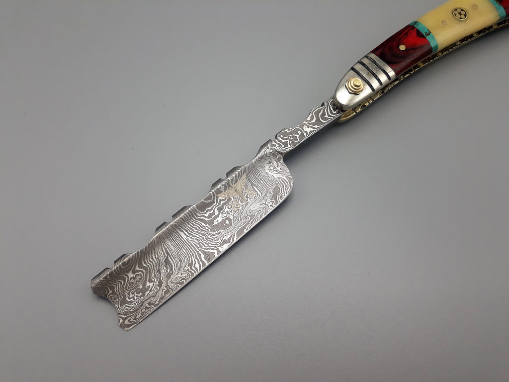 HTRN-13 Damascus Straight Razor  // Authentic Shave Experience / Handmade / Copper + Paduk + Turquoise Stone + Bone Handle // Hollow Ground