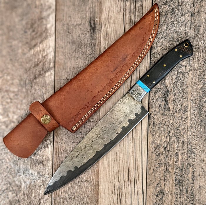 HTS476 Damascus 13" CHEF Knife // SANMAI // Turquoise Stone with Black Micarta Handle // Professional Grade // Sharp and Functional