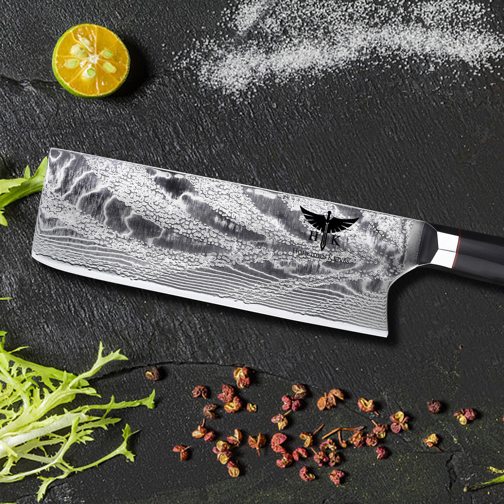 HTC-20 // JAPANESE NAKIRI Knife // 73 Layer Stainless AUS10 Damascus Steel // Cleaver Style // Sharp //  62HRc Hardness //