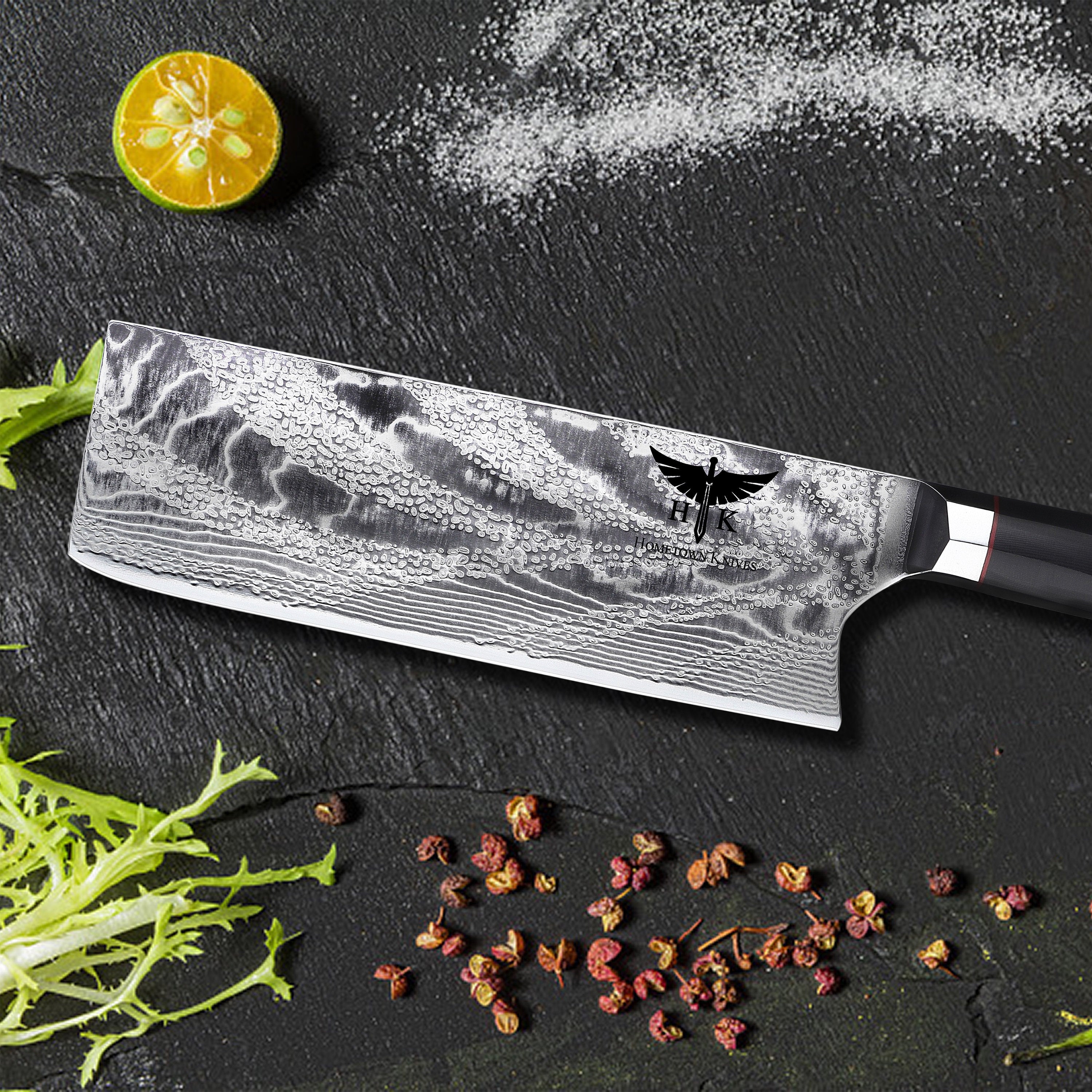 HTC-20 // JAPANESE NAKIRI Knife // 73 Layer Stainless AUS10 Damascus Steel // Cleaver Style // Sharp //  62HRc Hardness //