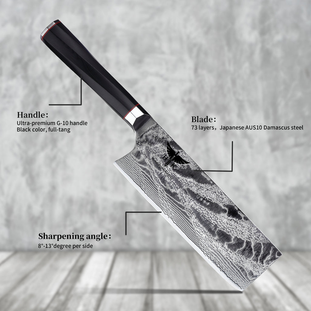 HTC-20 // JAPANESE NAKIRI Knife // 73 Layer Stainless AUS10 Damascus Steel // Cleaver Style // Sharp //  62HRc Hardness //