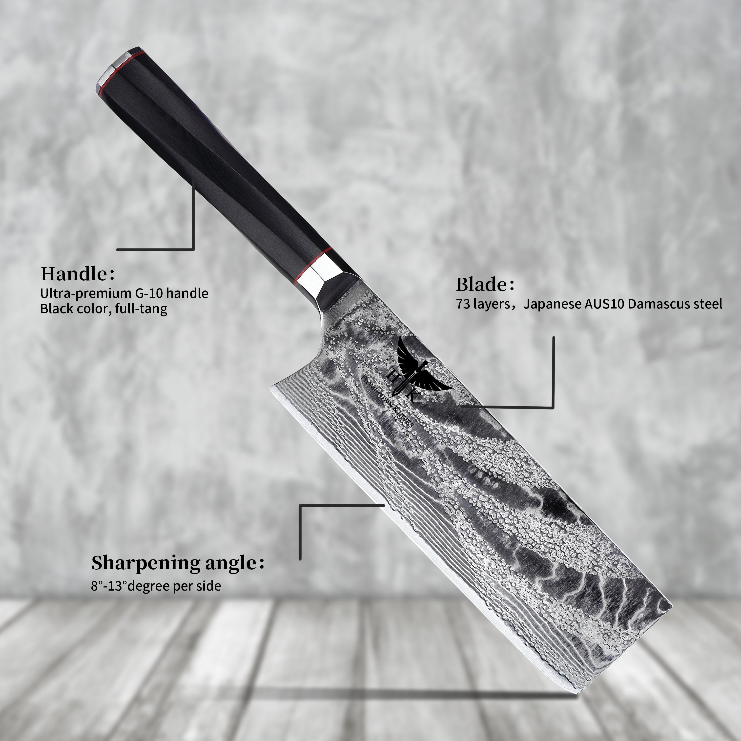 HTC-20 // JAPANESE NAKIRI Knife // 73 Layer Stainless AUS10 Damascus Steel // Cleaver Style // Sharp //  62HRc Hardness //