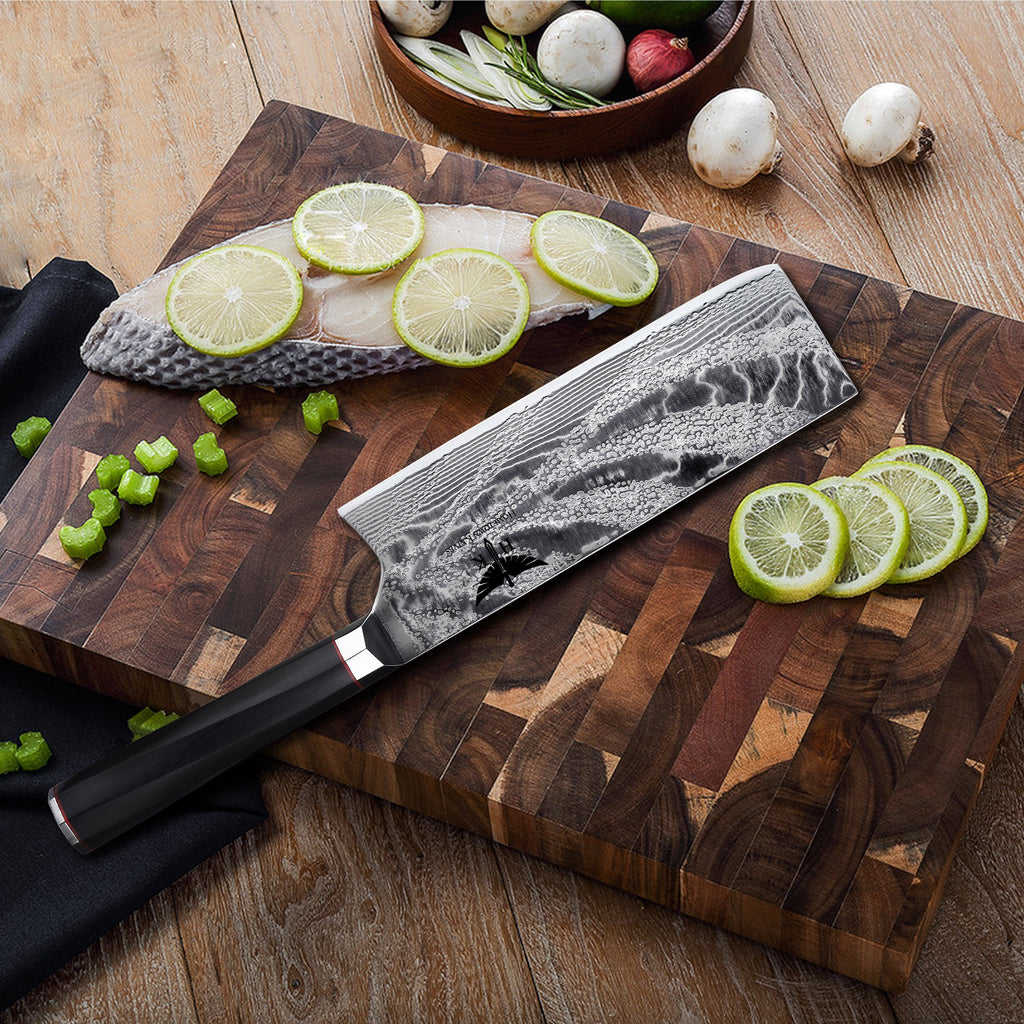 HTC-20 // JAPANESE NAKIRI Knife // 73 Layer Stainless AUS10 Damascus Steel // Cleaver Style // Sharp //  62HRc Hardness //