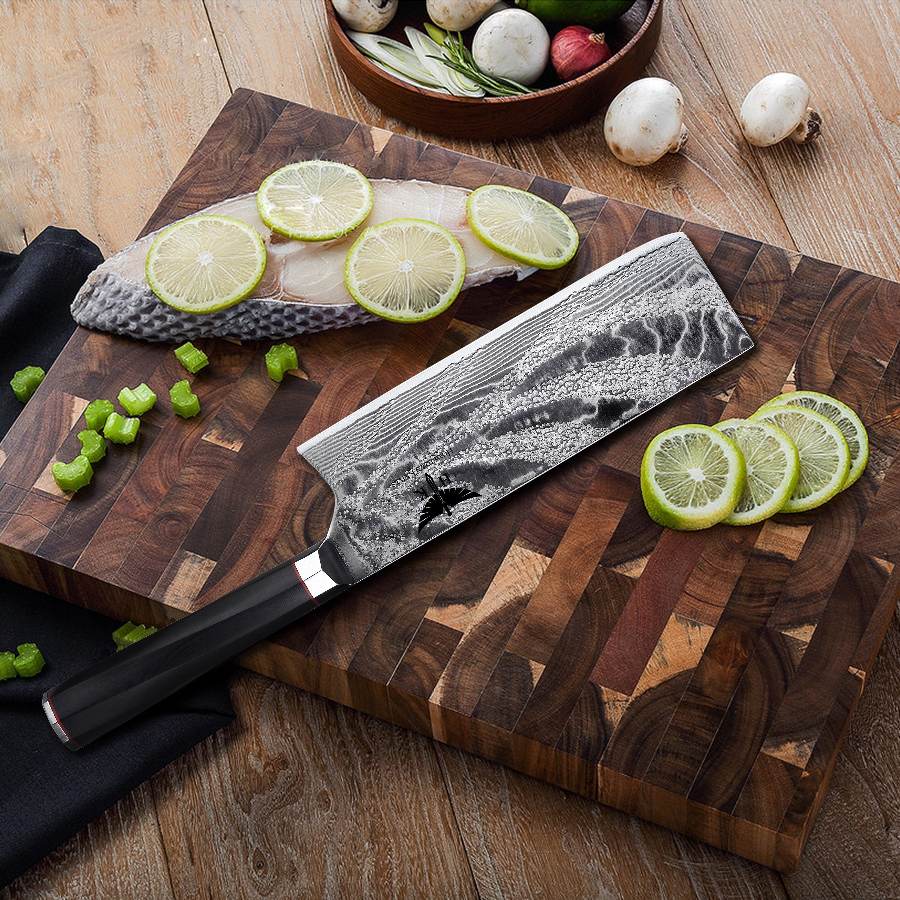 HTC-20 // JAPANESE NAKIRI Knife // 73 Layer Stainless AUS10 Damascus Steel // Cleaver Style // Sharp //  62HRc Hardness //