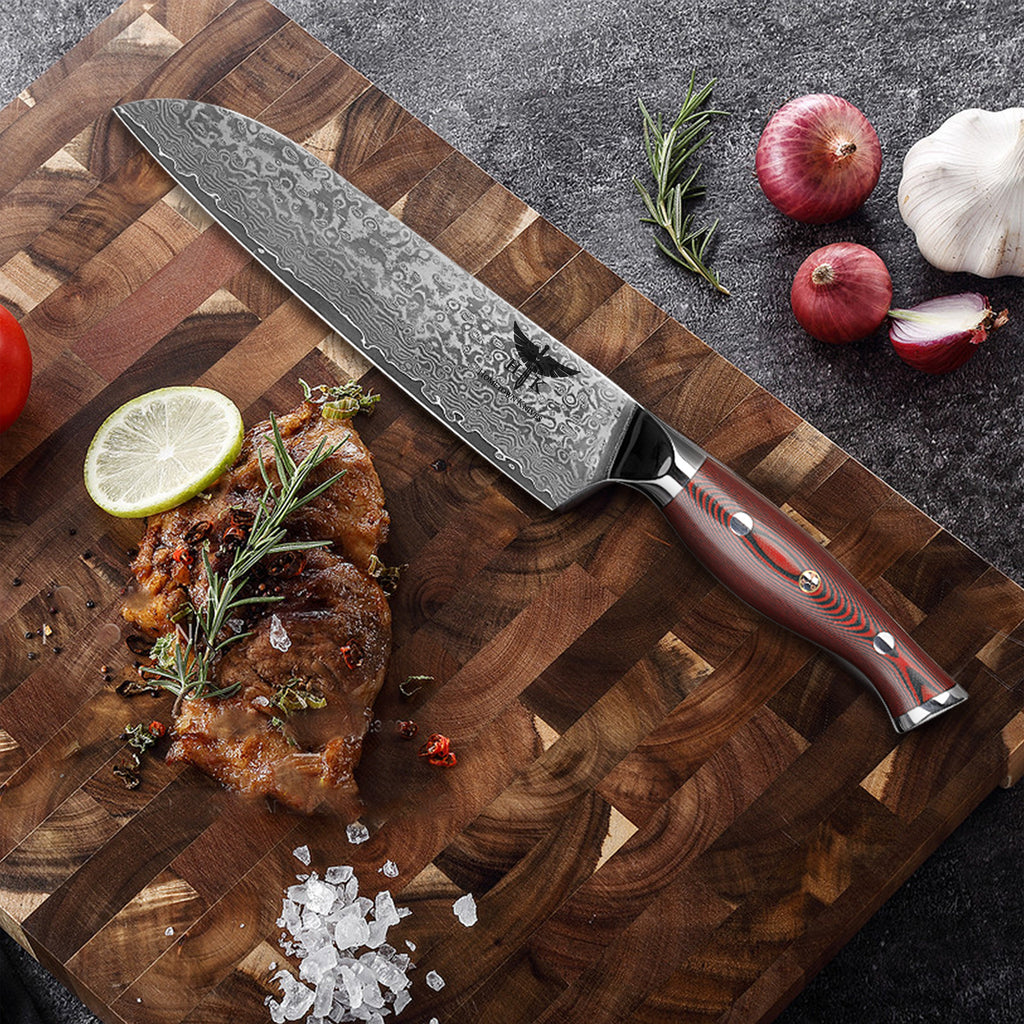 HTC-9 - VG10 Sanmai Stainless Damascus ǁ Santuko 8" Chef Knive ǁ Ergonomic ǁ Professional Chef ǁ Sharp & Holes Edge - HomeTown Knives