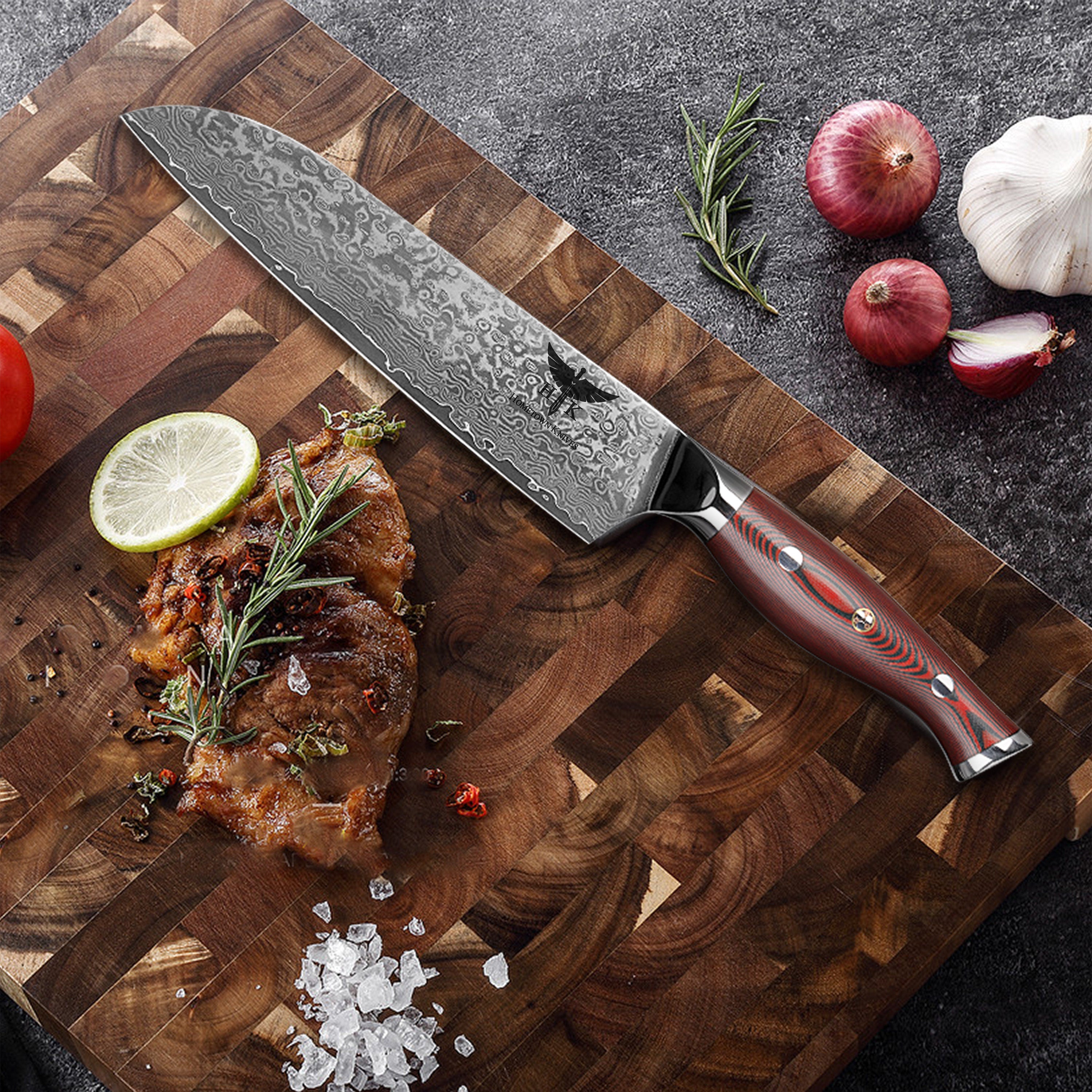 HTC-9 - VG10 Sanmai Stainless Damascus ǁ Santuko 8" Chef Knive ǁ Ergonomic ǁ Professional Chef ǁ Sharp & Holes Edge - HomeTown Knives