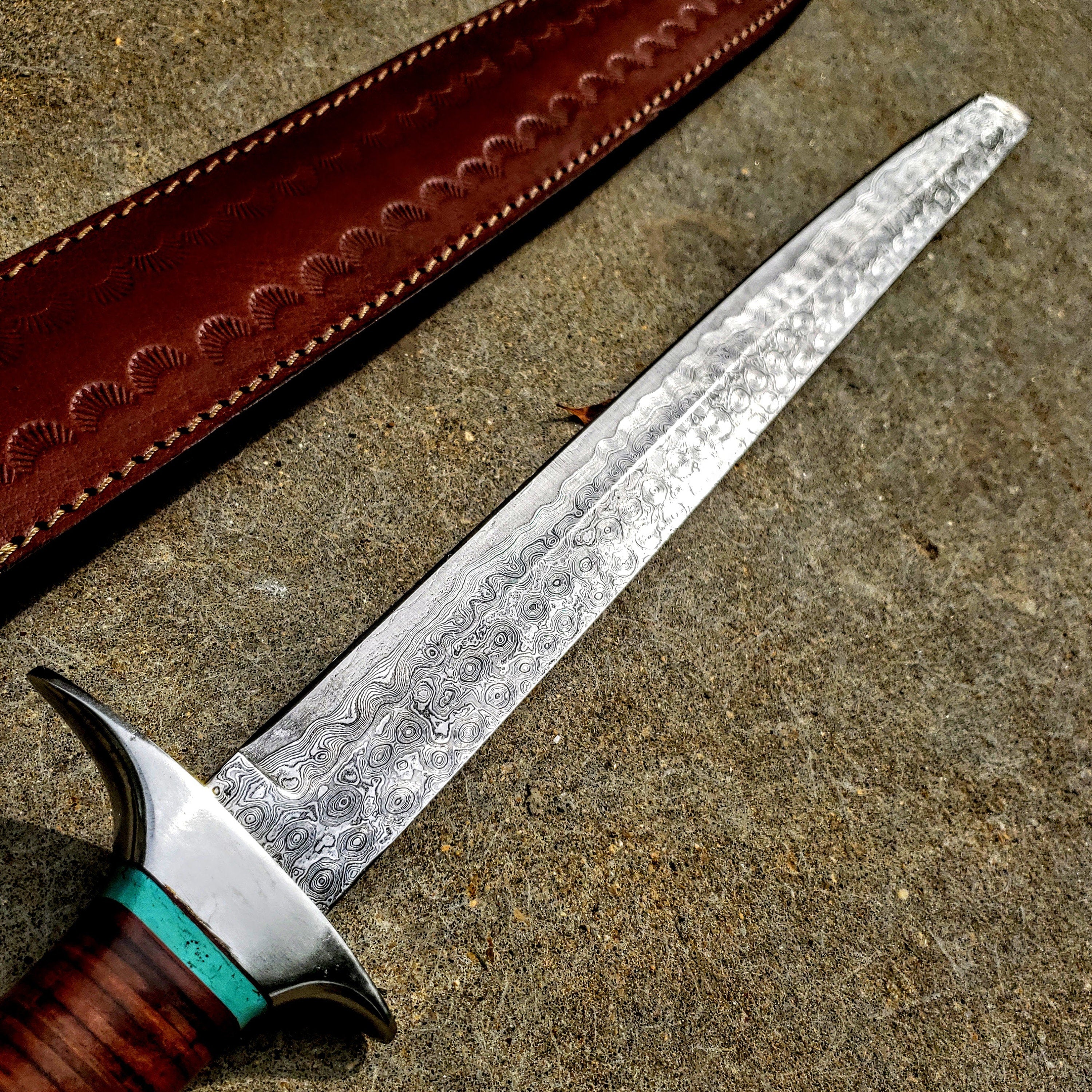 HTSWD1 // Katana Sword // Raindrop Sanmai Damascus // Wakizashi // Hand Forged // High Carbon Core // Leather Sheath