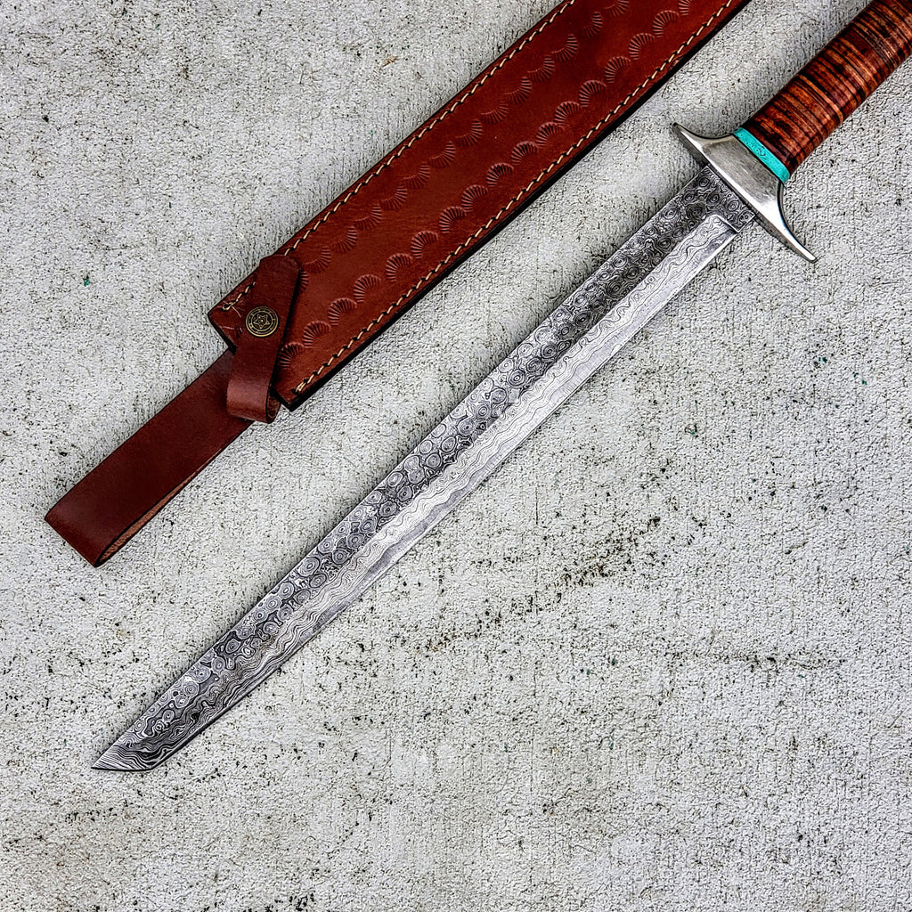 HTSWD1 // Katana Sword // Raindrop Sanmai Damascus // Wakizashi // Hand Forged // High Carbon Core // Leather Sheath