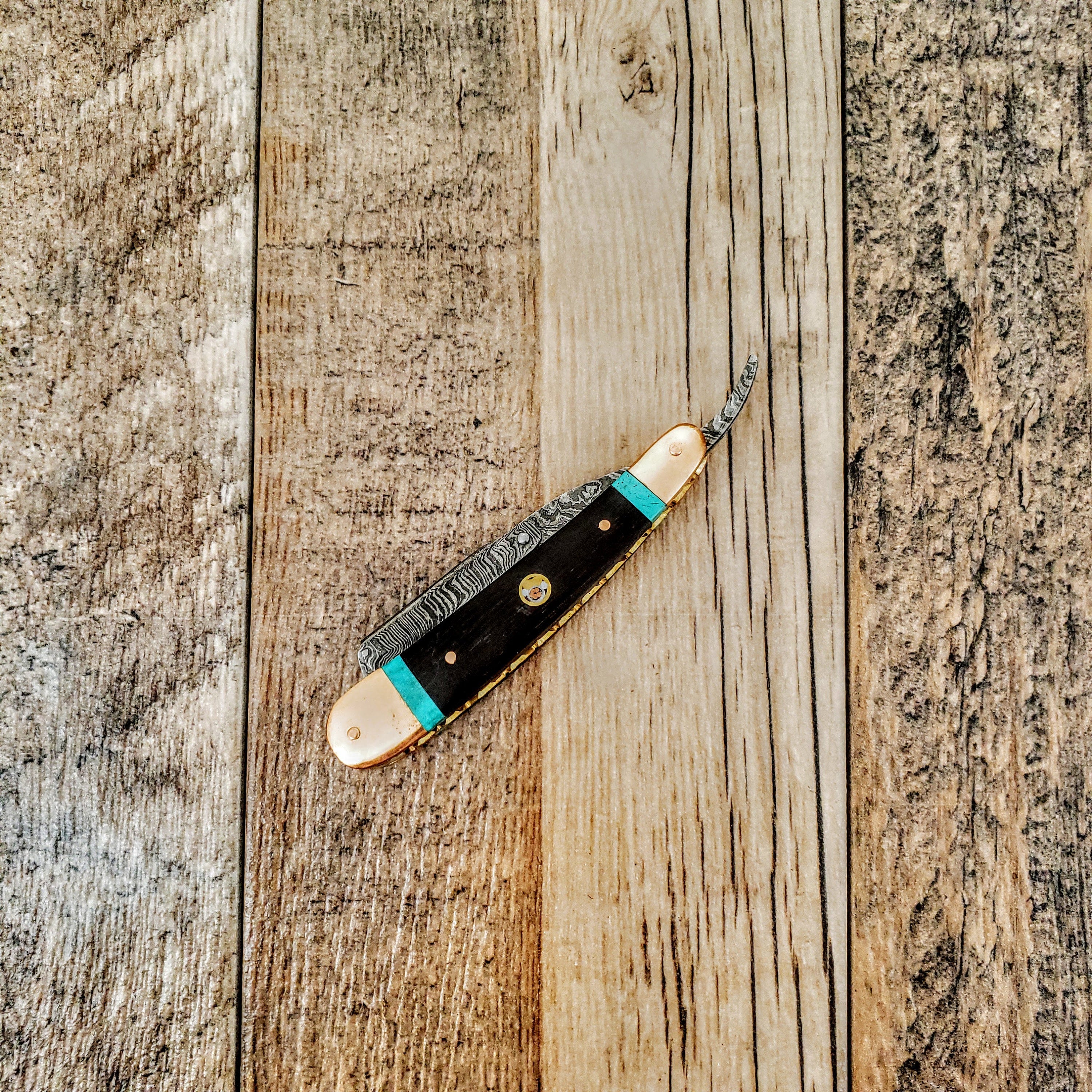 HTRR2 // Replaceable Blade Damascus Straight Razor // Close Shave // UNIQUE Handmade // Custom //  Turquoise + Wenge + Copper Scales