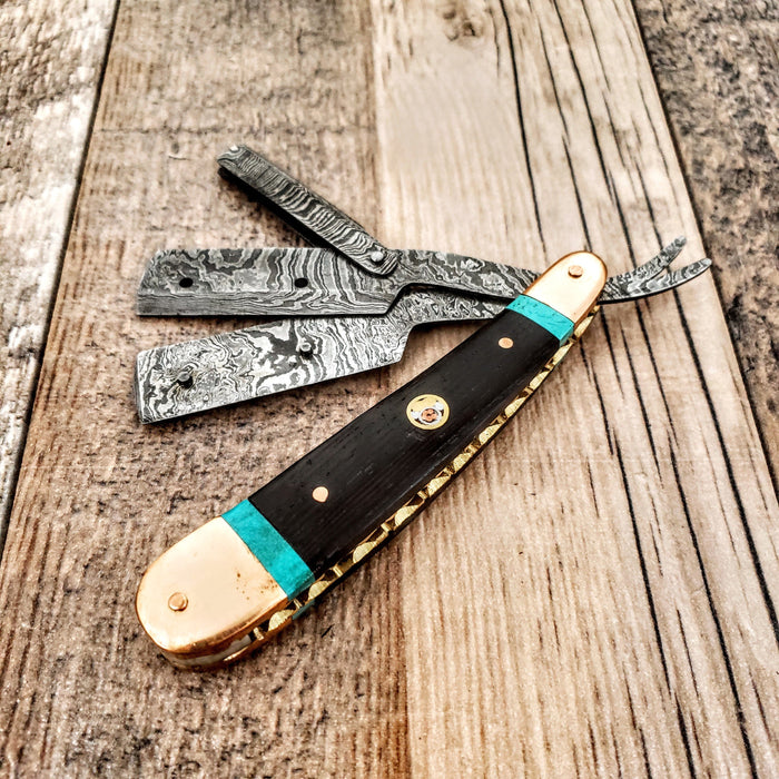 HTRR2 // Replaceable Blade Damascus Straight Razor // Close Shave // UNIQUE Handmade // Custom //  Turquoise + Wenge + Copper Scales