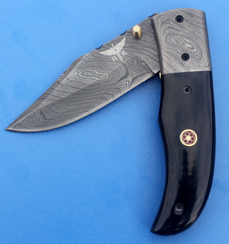 HTK-4 Damascus Folder / Hand Made / Custom / Buffalo Horn handle / Colored stainless steel bolsters - HomeTown Knives