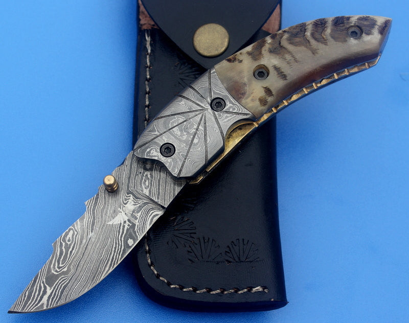 HTNF-1 Damascus Folder / Hand Made / Custom / Forged Damascus handle / Ram Horn - HomeTown Knives