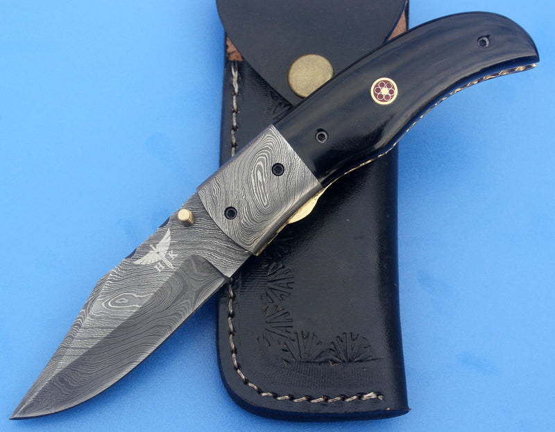 HTK-4 Damascus Folder / Hand Made / Custom / Buffalo Horn handle / Colored stainless steel bolsters - HomeTown Knives