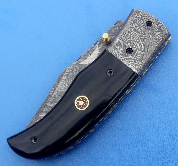 HTK-4 Damascus Folder / Hand Made / Custom / Buffalo Horn handle / Colored stainless steel bolsters - HomeTown Knives