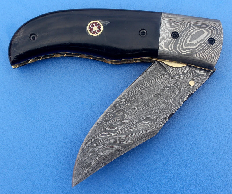 HTK-4 Damascus Folder / Hand Made / Custom / Buffalo Horn handle / Colored stainless steel bolsters - HomeTown Knives