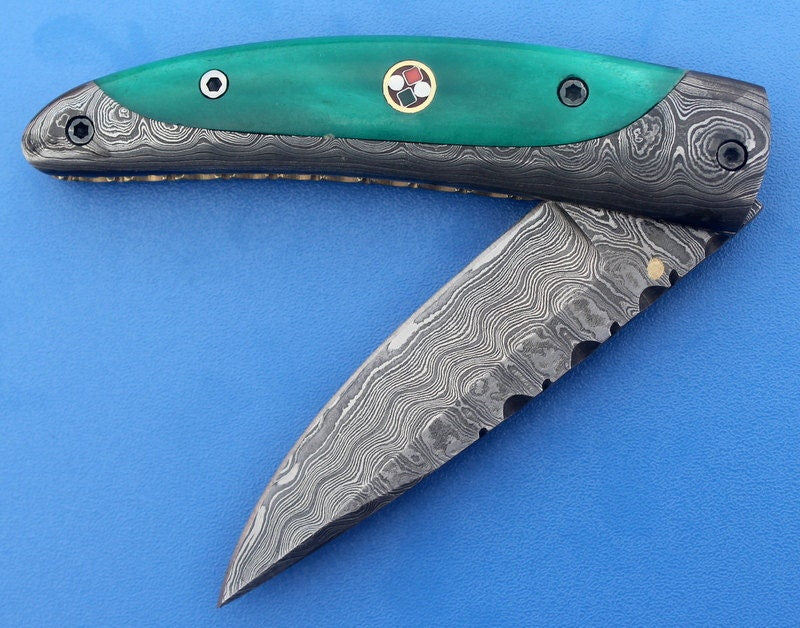 HTS-10  Damascus Knife custom handmade Folder / Micarta handle / Damascus bolsters