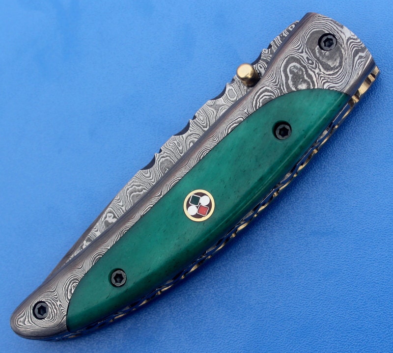 HTS-10  Damascus Knife custom handmade Folder / Micarta handle / Damascus bolsters