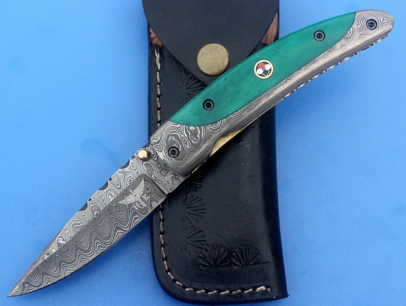 HTS-10  Damascus Knife custom handmade Folder / Micarta handle / Damascus bolsters