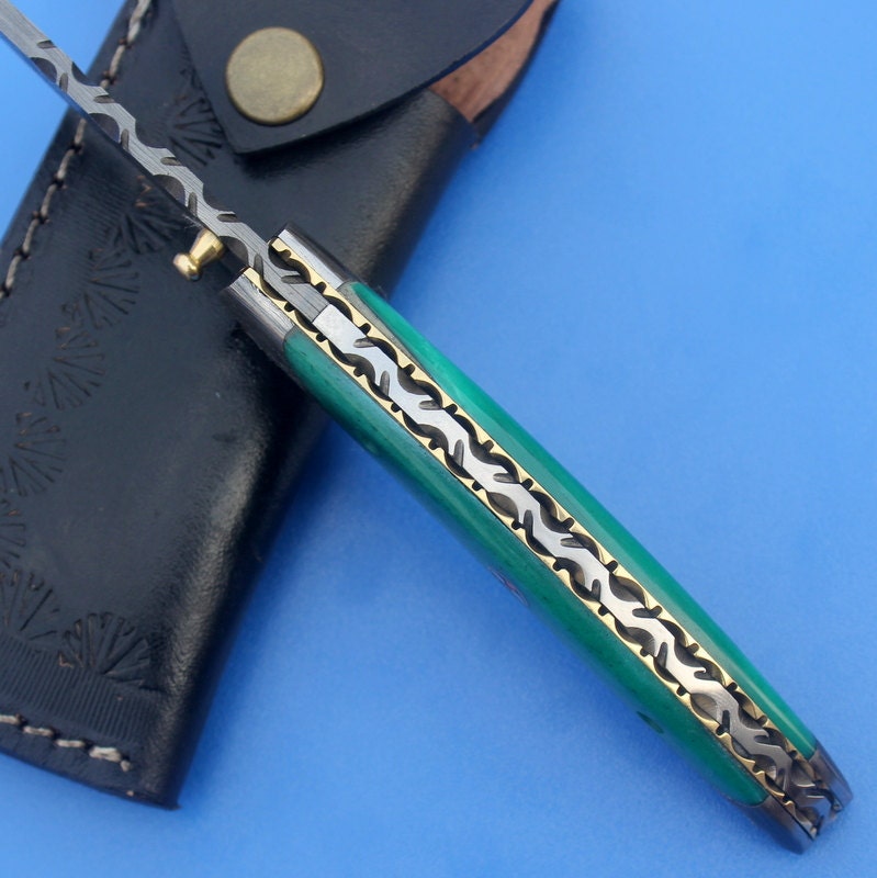 HTS-10  Damascus Knife custom handmade Folder / Micarta handle / Damascus bolsters